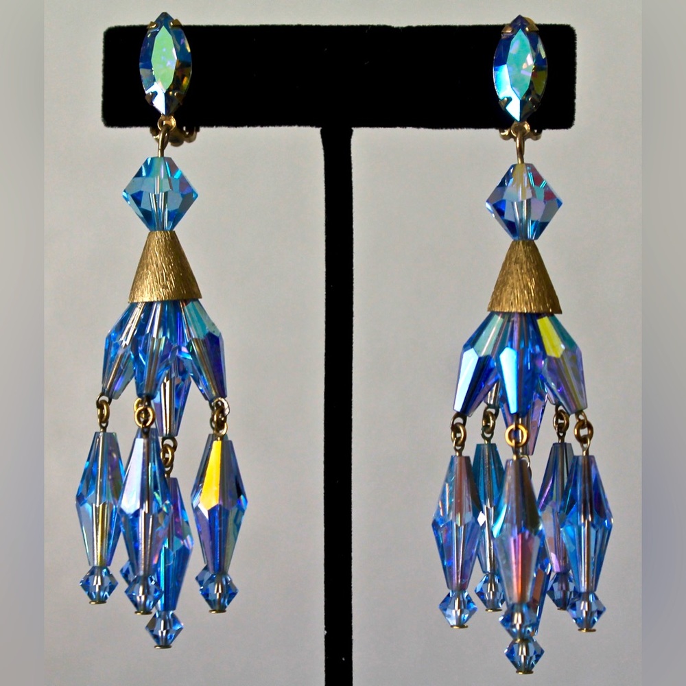 LEWIS SEGAL OF CALIFORNIA EARRINGS CLIP DANGLE BLUE AURORA BOREALIS 3.5 VINTAGE